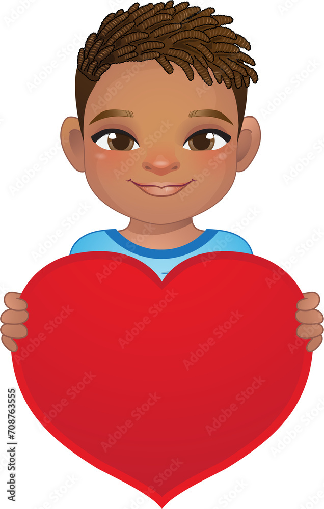 Valentine day with American African little boy with short hair dreadlocks holding red heart cartoon PNG Valentine day with American African little boy with short hair dreadlocks holding red heart cartoon PNG