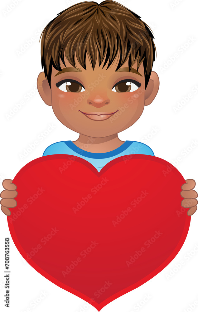 Valentine day with American African little boy with short hair holding red heart cartoon PNG Valentine day with American African little boy with short hair holding red heart cartoon PNG