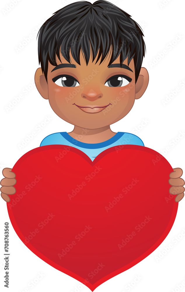 Valentine day with American African little boy with short hair holding red heart cartoon PNG Valentine day with American African little boy with short hair holding red heart cartoon PNG