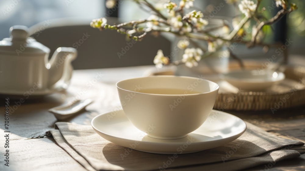 a cup of tea sitting on top of a saucer next to a tea pot and a teacup on a napkin on top of a table with a basket. a cup of tea sitting on top of a saucer next to a tea pot and a teacup on a napkin on top of a table with a basket.