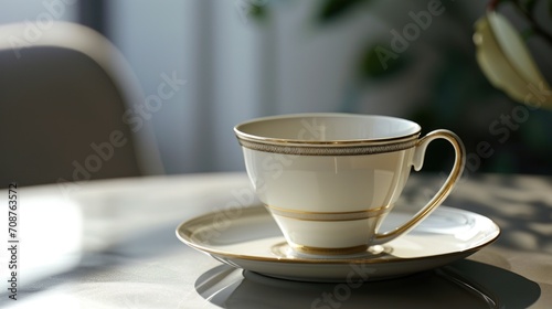  a white and gold coffee cup and saucer on a white table with a potted plant in the background on a white table cloth with a white table cloth.