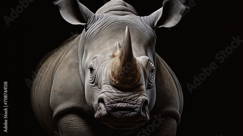  a close up of a rhino's face on a black background with the rhino's tusks curled up and the rhino's horn curled up.
