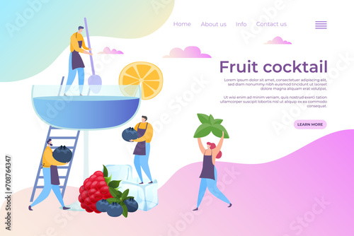 Homemade cocktail recipes, landing page vector Illustration. Refreshing drink made from blueberries, peppermint, slice lemon quench thirst in summer. People preparing fruit lemonade with ice.