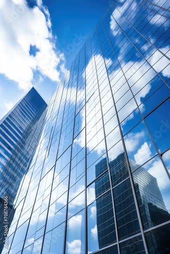 Blue glass skyscraper reflecting clouds