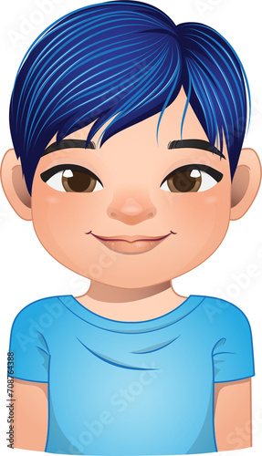 Little boy face, avatar, kid head with short hair wearing blue t shirt cartoon PNG