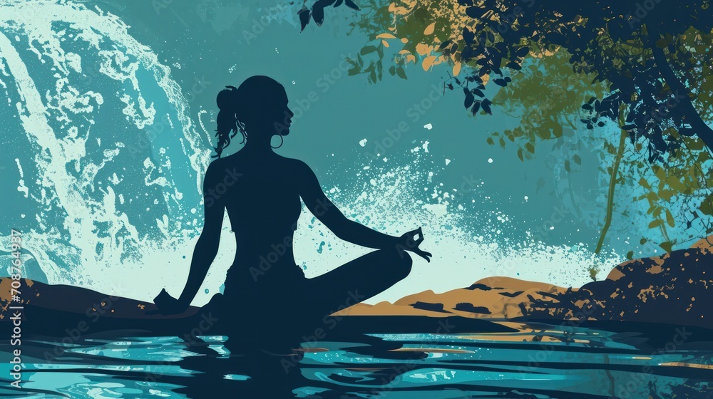  a silhouette of a woman sitting in a lotus position in front of a waterfall with a waterfall in the background and a tree in the foreground of the image.