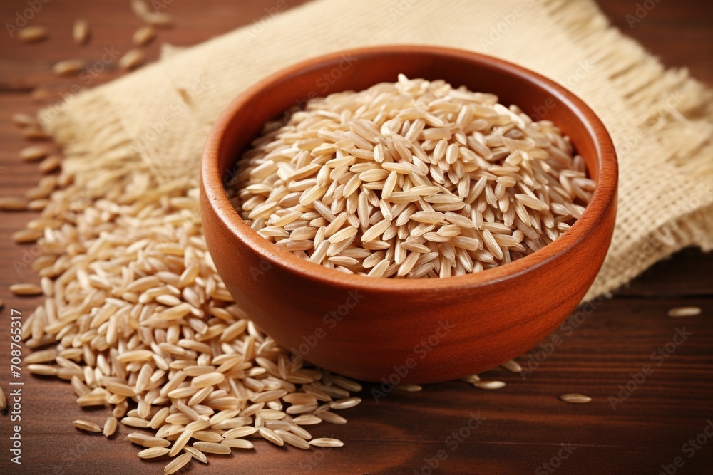 A wooden bowl filled with brown rice grains A wooden bowl filled with brown rice grains