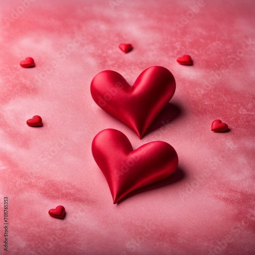 Red silk hearts on a pink concrete background
