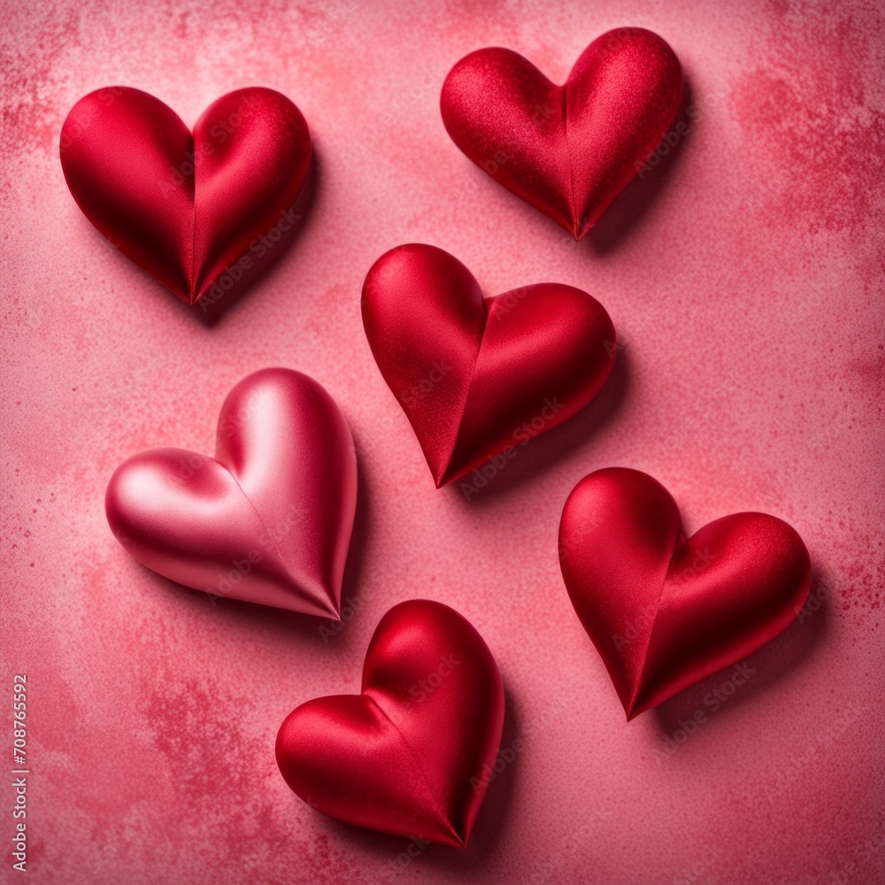 Red silk hearts on a pink concrete background