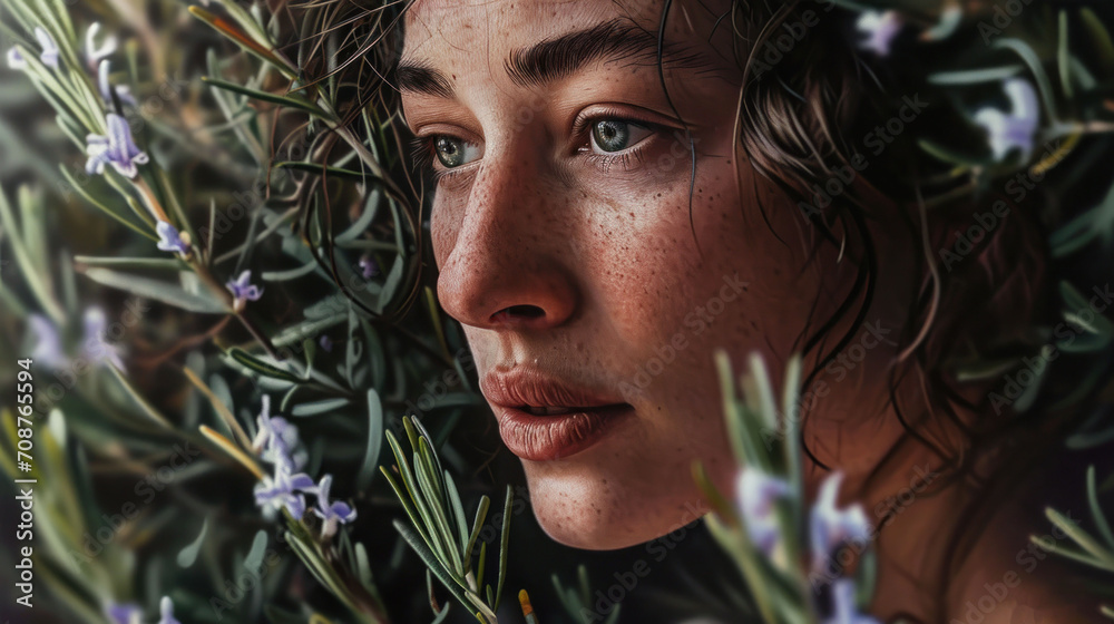 a painting of a woman's face surrounded by purple and white flowers, with green leaves in the foreground and a blue - eyed girl's face in the background. a painting of a woman's face surrounded by purple and white flowers, with green leaves in the foreground and a blue - eyed girl's face in the background.