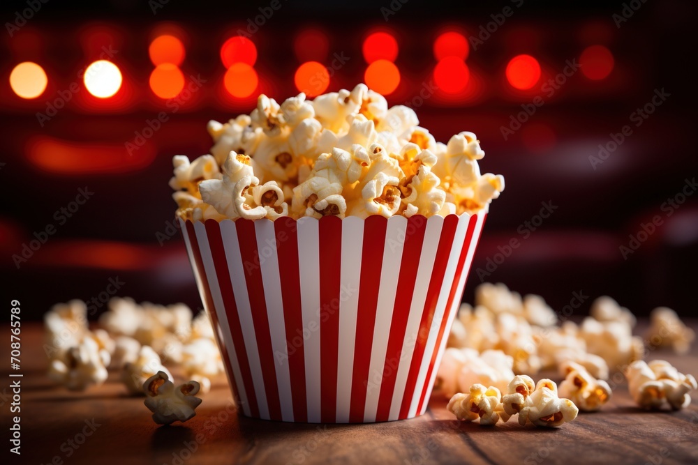 A red and white striped container filled with popcorn sits on a table with a blurry background of red lights