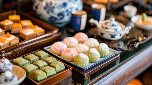 full frame variety of oriental sweets that reflect cultural ceremonies