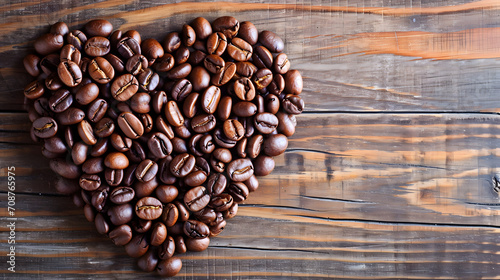 Roasted coffee beans arranged into shape of heart background © Jan