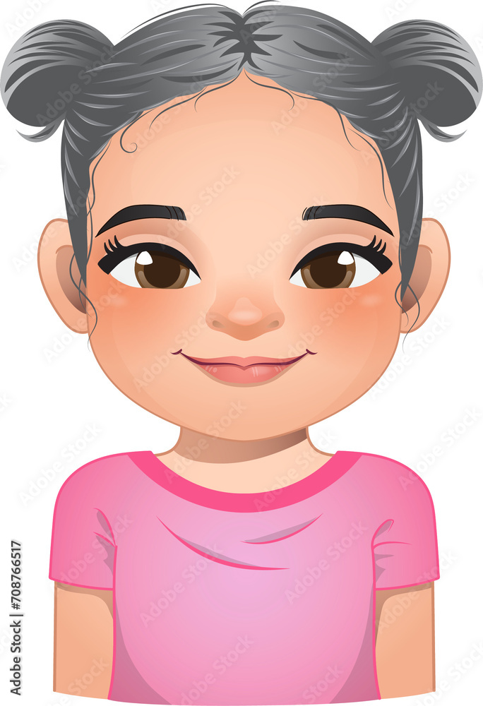 Little girl face, avatar, kid head with long curly hair and bun hairstyle cartoon PNG