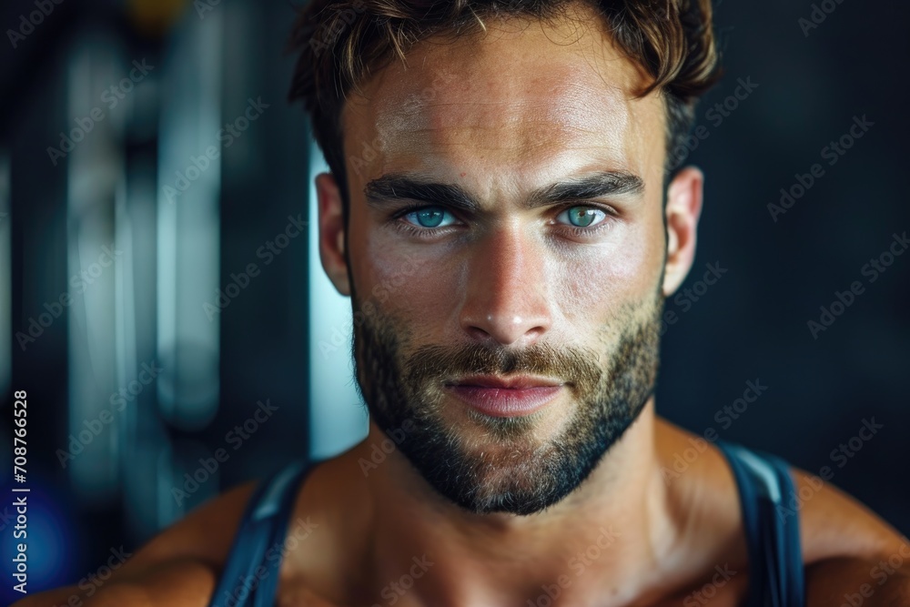 Close-up studio portrait of a man with a sporty, fitness-focused look, isolated on a gym background Close-up studio portrait of a man with a sporty, fitness-focused look, isolated on a gym background