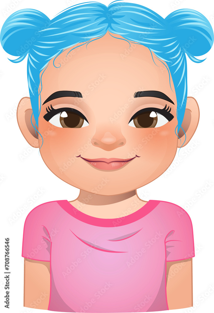 Little girl face, avatar, kid head with long curly hair and bun hairstyle cartoon PNG