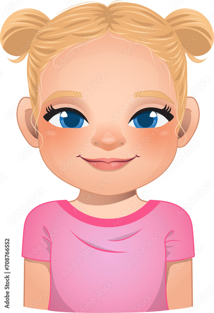 Little girl face, avatar, kid head with long curly hair and bun hairstyle cartoon PNG Little girl face, avatar, kid head with long curly hair and bun hairstyle cartoon PNG