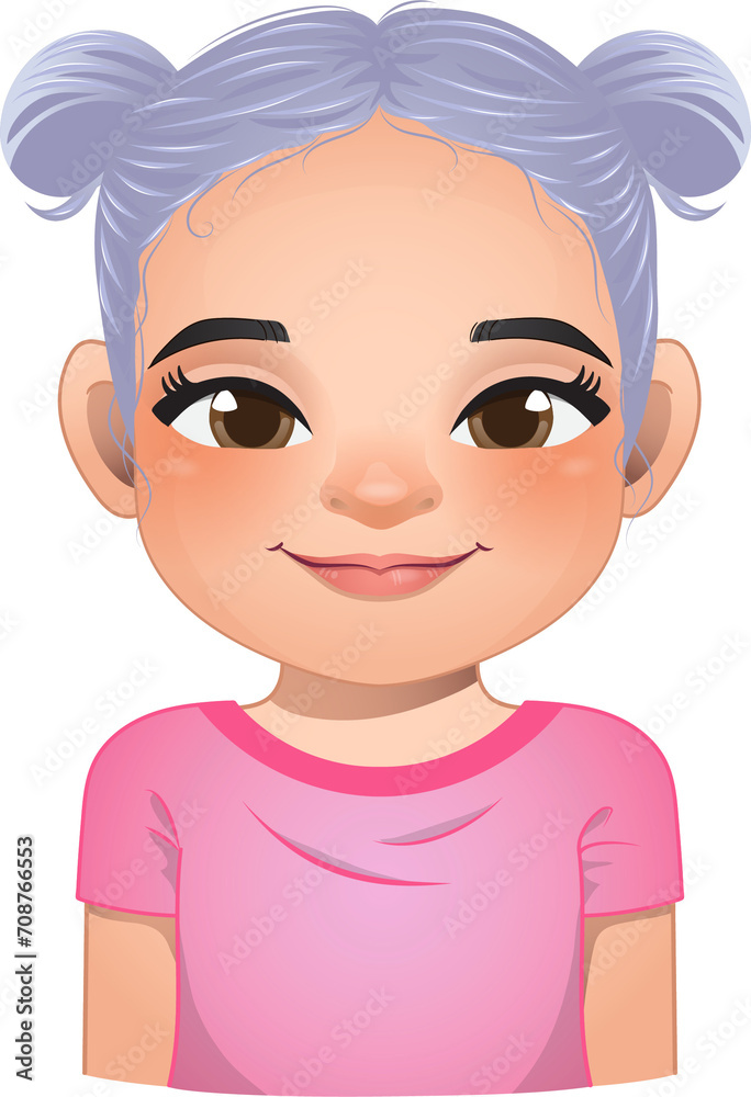 Little girl face, avatar, kid head with long curly hair and bun hairstyle cartoon PNG Little girl face, avatar, kid head with long curly hair and bun hairstyle cartoon PNG