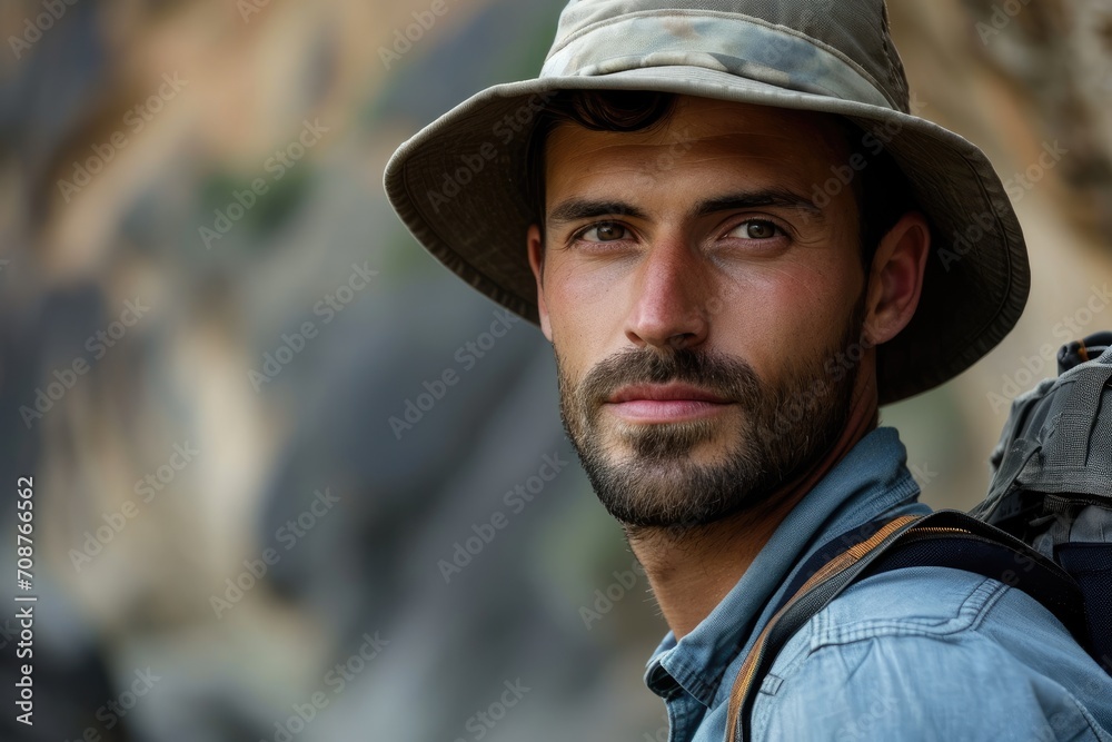 Close-up studio portrait of a man with an adventurous, explorer vibe, isolated on a rugged outdoor background