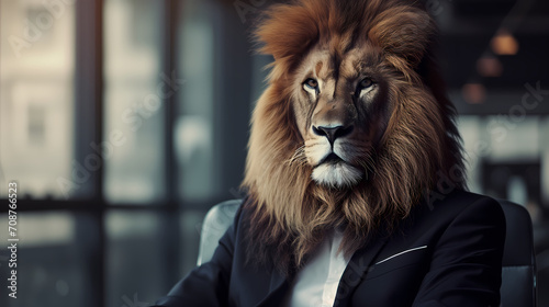 portrait of a lion in business suit  in a cool office