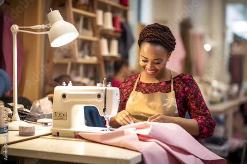 african american fashion designer working on sewing machine at studio.