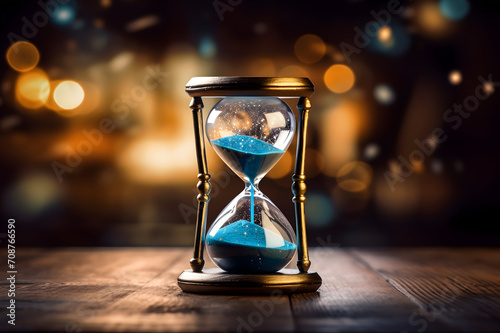 Hourglass on wooden table. Sand clock on bokeh background