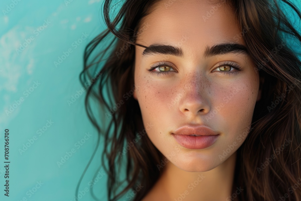 Close-up studio portrait of a woman with a sun-kissed, beachy look, isolated on a turquoise background