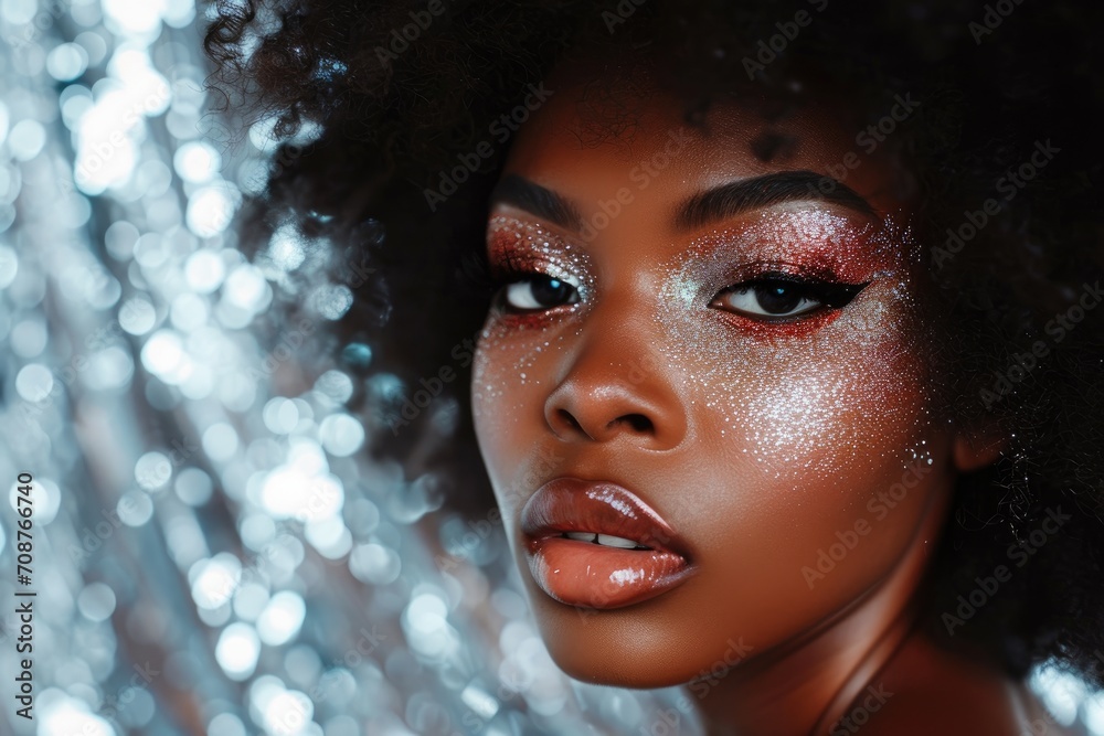 Close-up studio portrait of a woman with glittery eyeshadow, isolated on a silver background Close-up studio portrait of a woman with glittery eyeshadow, isolated on a silver background