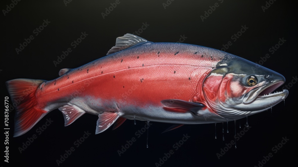 Fototapeta premium a painting of a salmon with its mouth open and it's mouth hanging off of the side of it's body, with water dripping from it's mouth.