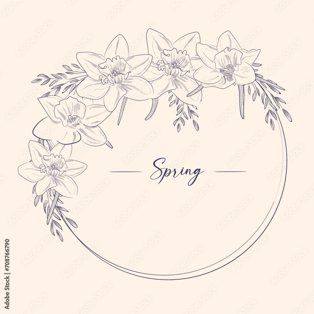 Daffodils frame. Good for product label. with place for text. Vector illustration Art Nouveau, vintage, old, retro. Daffodils frame. Good for product label. with place for text. Vector illustration Art Nouveau, vintage, old, retro.