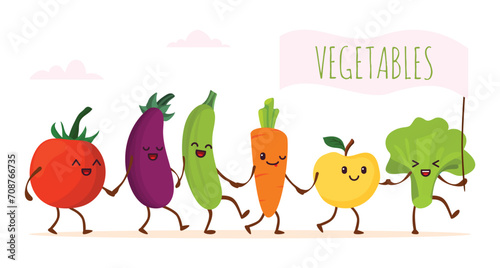 Funny cartoon vegetable walking  vector illustration. Happy healthy food character  cute green organic product. Fresh vegetarian diet concept  smile cheerful plant face  flat banner.