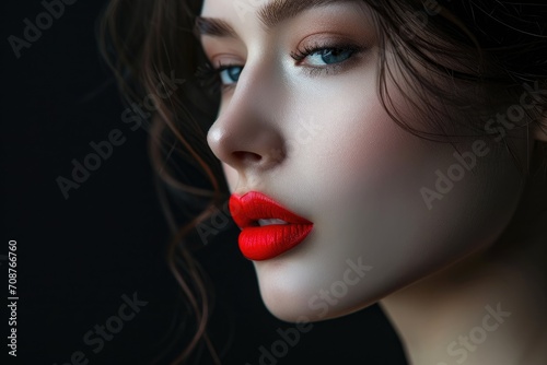 Close-up studio portrait of a woman with vibrant red lipstick, isolated on a black background