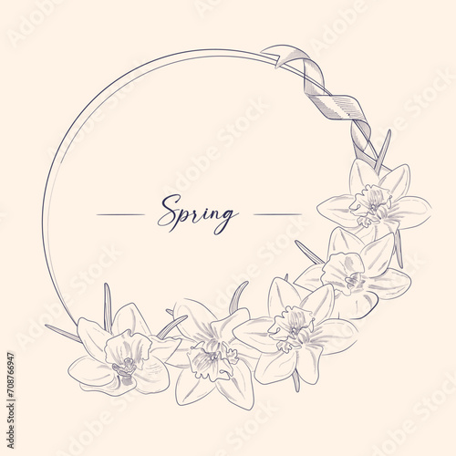 Corner frame with daffodil flowers in doodle style. Vector black and white illustration