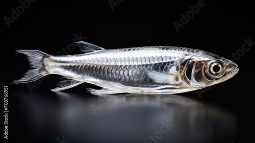  a close up of a fish on a black surface with a reflection of it's body in the water and it's head in the back of the fish's body.