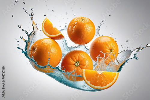 orange and water splash. a group of oranges falling into the water.