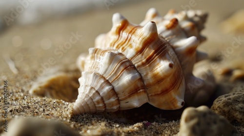  a close up of a sea shell on a beach with a blurry background of sand and sea shells in the foreground, with only one shell left side of the shell visible.