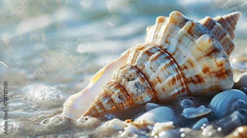  a close up of a sea shell on a sandy beach with water splashing on the ground and a blurry background of sand and sea shells on the beach.