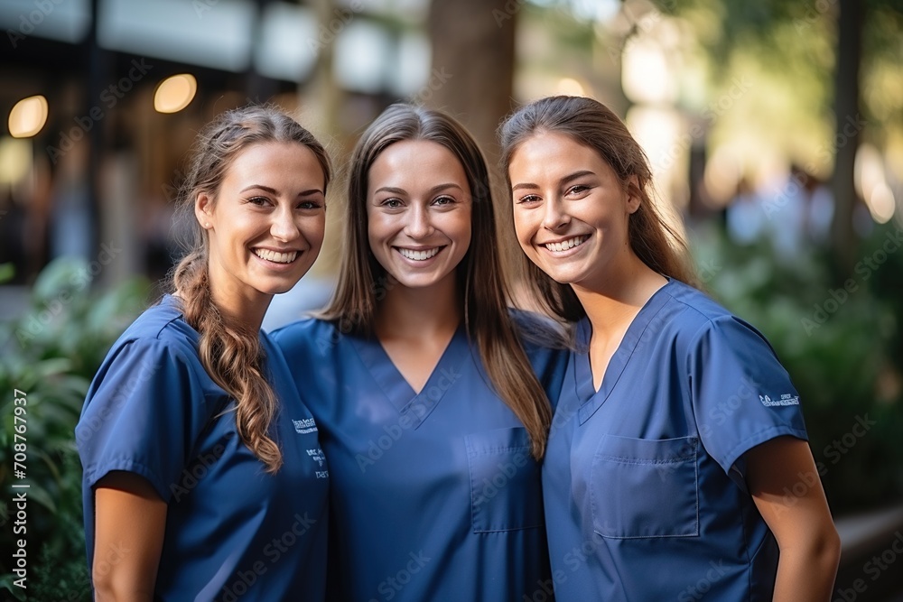 Three young female nurses in blue scrubs smiling