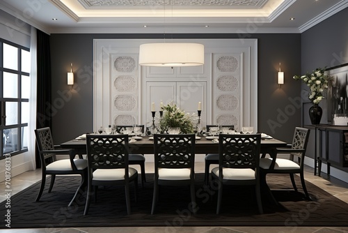 Ornate Gray Dining Room With Large Table