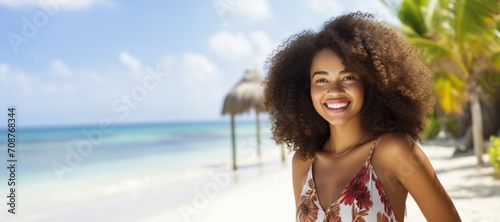 Black woman smiling happy on tropical beach