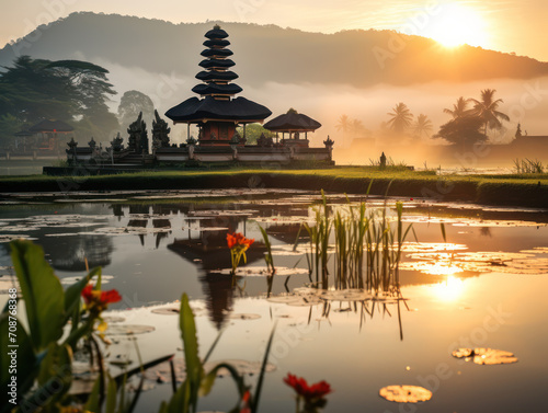 Beautiful view of the temple in Bali in the middle of rice fields with a mountain background