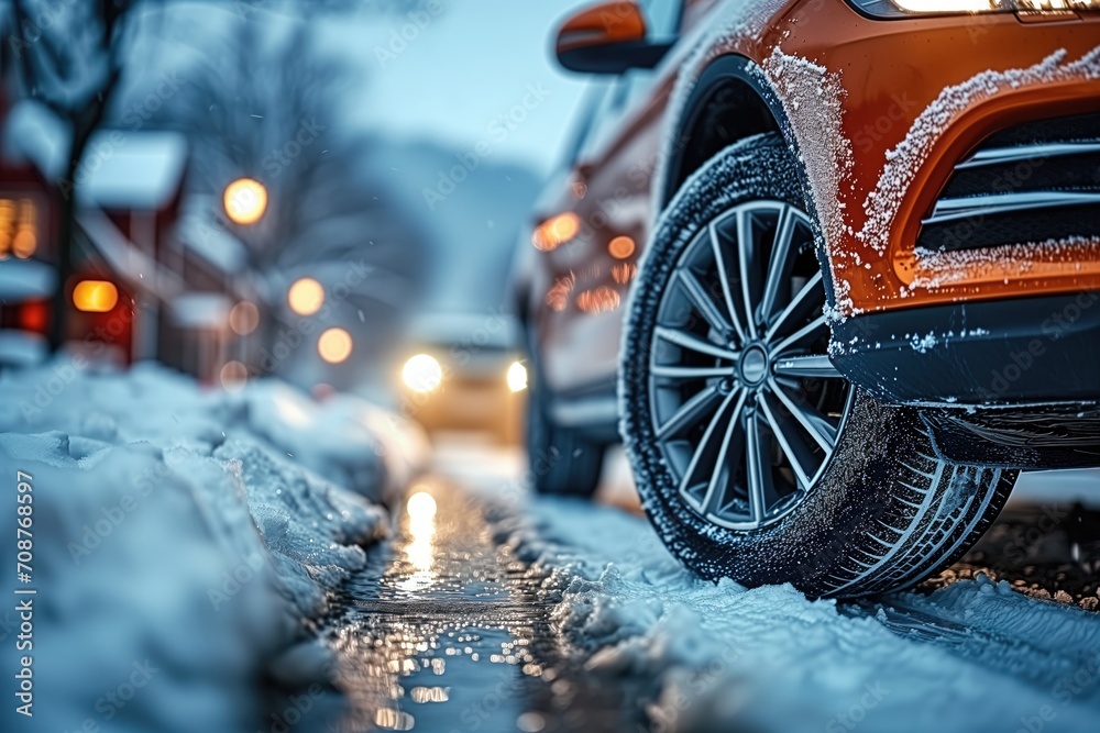 Winter tire. SUV car on snowy main street - obrazy, fototapety, plakaty 