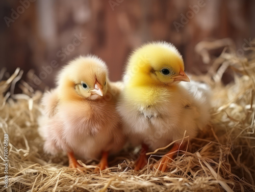 Two chicks in a chicken coop, being incubated by a mother hen