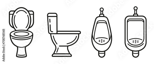 Toilet seat, male urinal bowl in public restroom, ceramic men pissoir, flushing water closet in WC lavatory line icon set. Washroom wall urine pan. Bathroom plumbing. Hygiene sanitary equipment vector photo