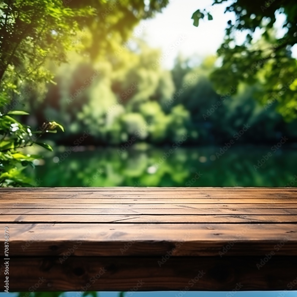 Wooden table with blurred forest background Wooden table with blurred forest background