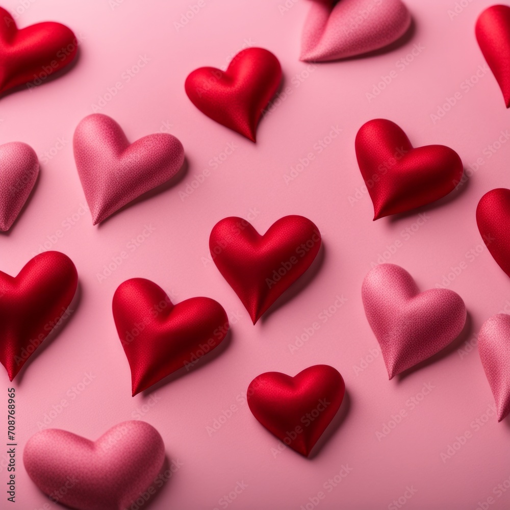 Red silk hearts on a pink concrete background