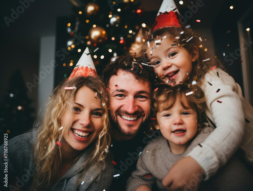 Happy family celebrating new year together at home, wearing party hats at home