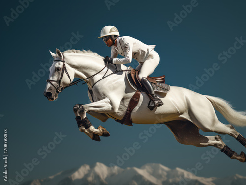 White horse rider jumping during the championship