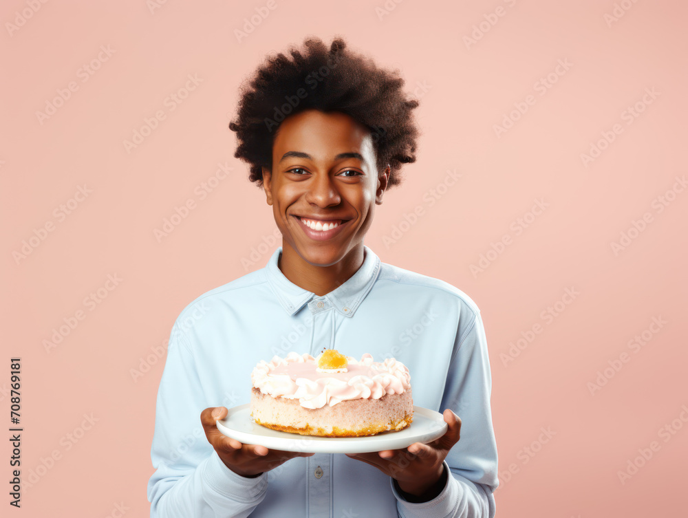 Teenage african boy brings birthday cake isolated on pink background Teenage african boy brings birthday cake isolated on pink background