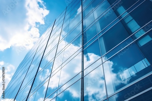 Blue glass skyscraper reflecting the sky